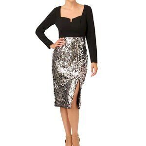 Adrianna Papell Black with Silver Sequin Skirt Midi Dress Size 2 New with Tags